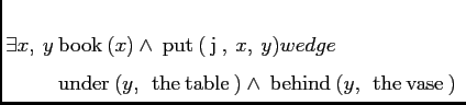$ \exists x,\:y \begin{array}[t]{@{}l}\mathrm{\:book\:}(x) \wedge
\mathrm{\:put...
...e\:table\:})
\wedge \mathrm{\:behind\:}(y,\:\mathrm{\:the\:vase\:})
\end{array}$
